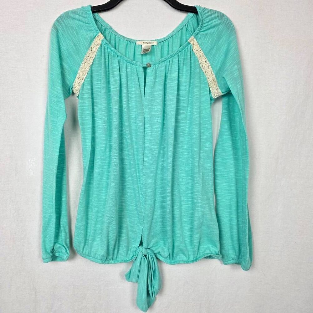 Self Esteem Tie Front Top Women Small Aqua - Picture 2 of 8